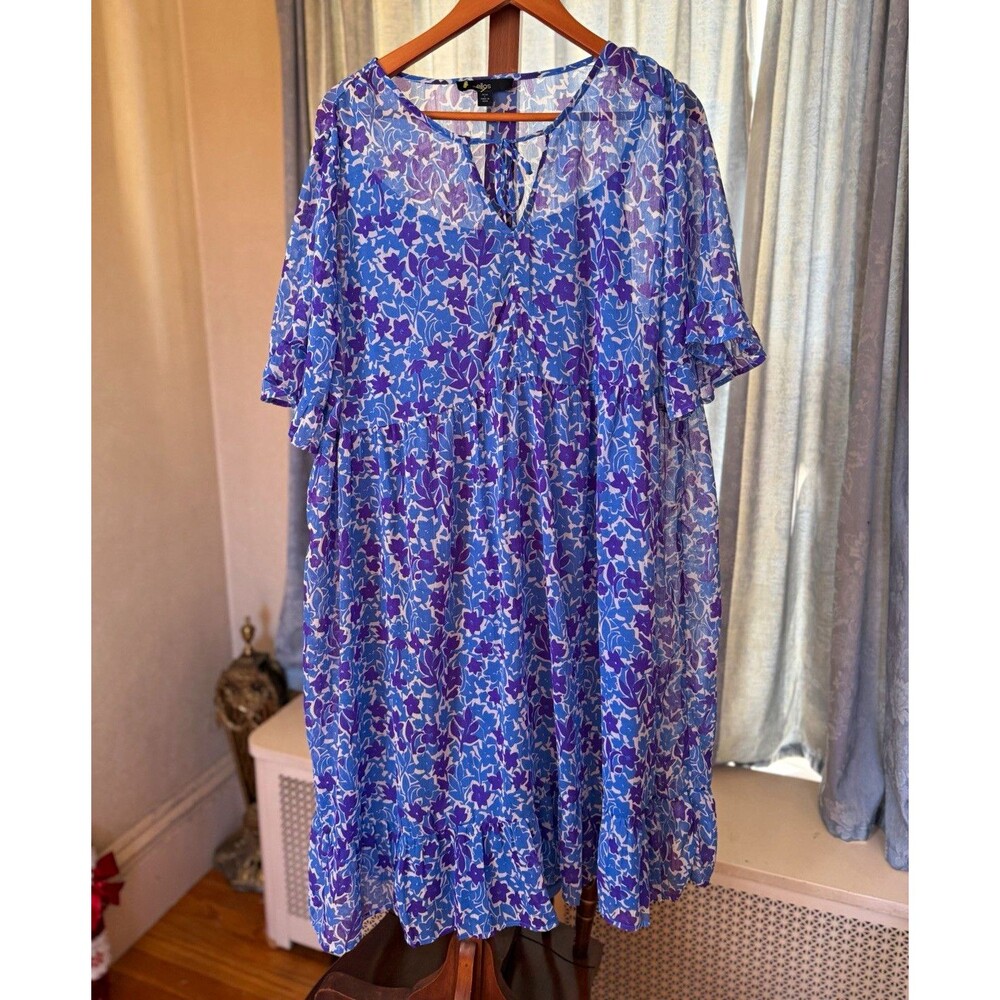 Ellos Women's L Blue/Purple/White Floral Sheer Midi Dress V-Neck Flutter Ruffle